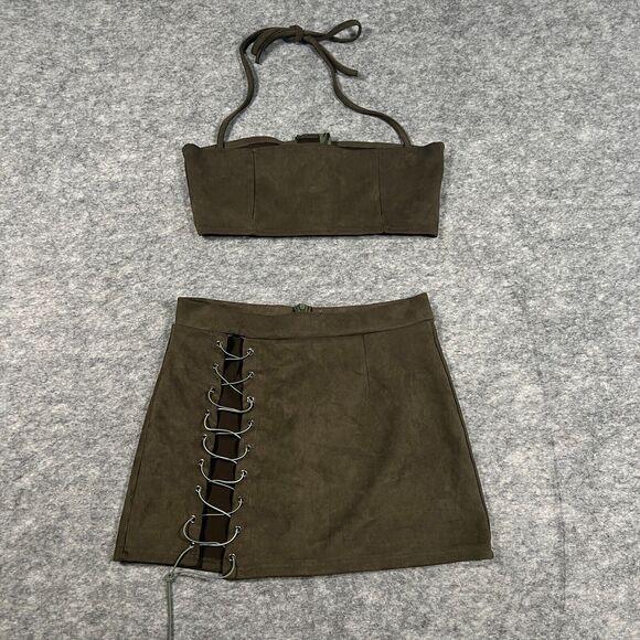 Women's Skirt Set Size Large Army Green 2 Piece Solid Zipper Cotton Halter Neck - Picture 1 of 5